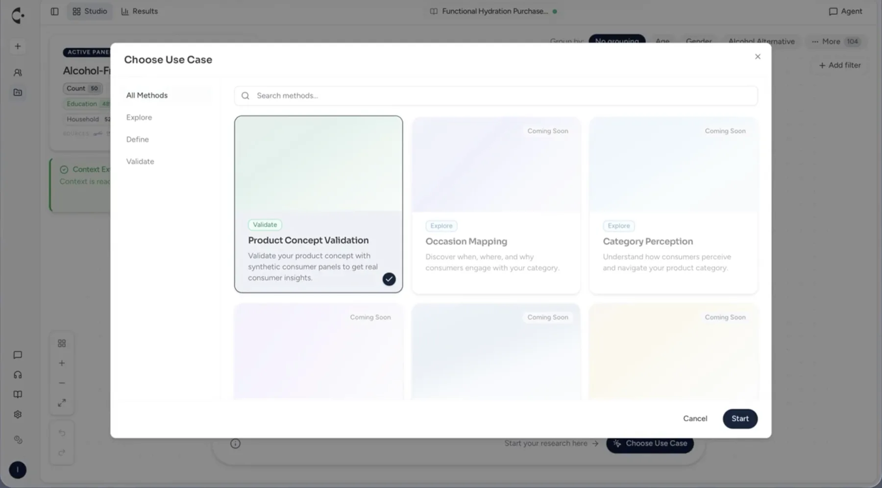 Auswahl der Methode, hier Product Concept Validation